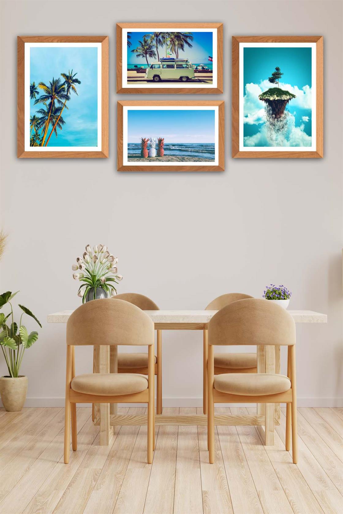 4 Parça Modern Tarzda Yaz Manzarası (Ahşap Çerçeve Görünümlü) Uv Baskı Tablo Seti