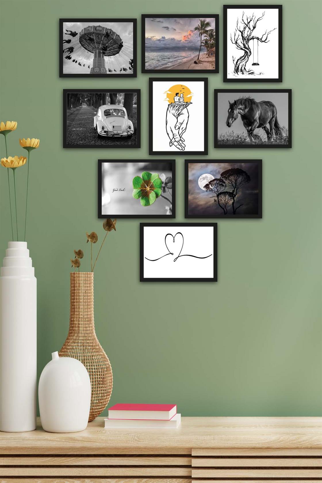 9 Parça Siyah Beyaz Tarzında Siyah Çerçeve Görünümlü Uv Baskı Mdf Tablo Seti