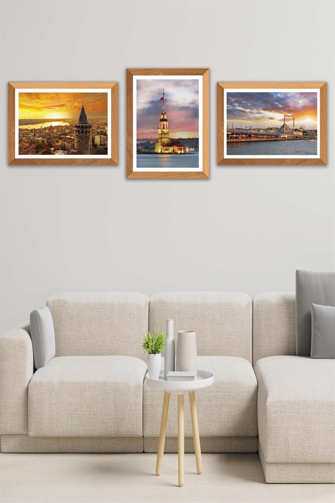 3 Parça Kız Kulesi Ve Galata Kulesi (Ahşap çerçeve görünümlü) Uv Baskı Mdf Tablo Seti