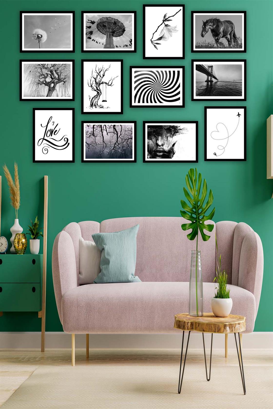 12 Parça Siyah Beyaz Sanatsal Çerçeve Görünümlü Tablo Seti