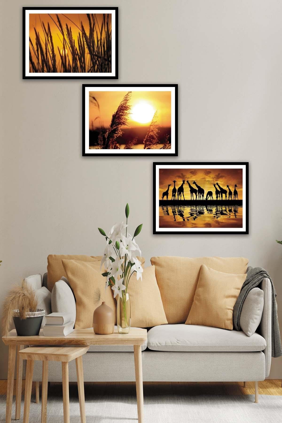 Afrika Zürafa Temalı Siyah Çerçeve Görünümlü Tablo Seti