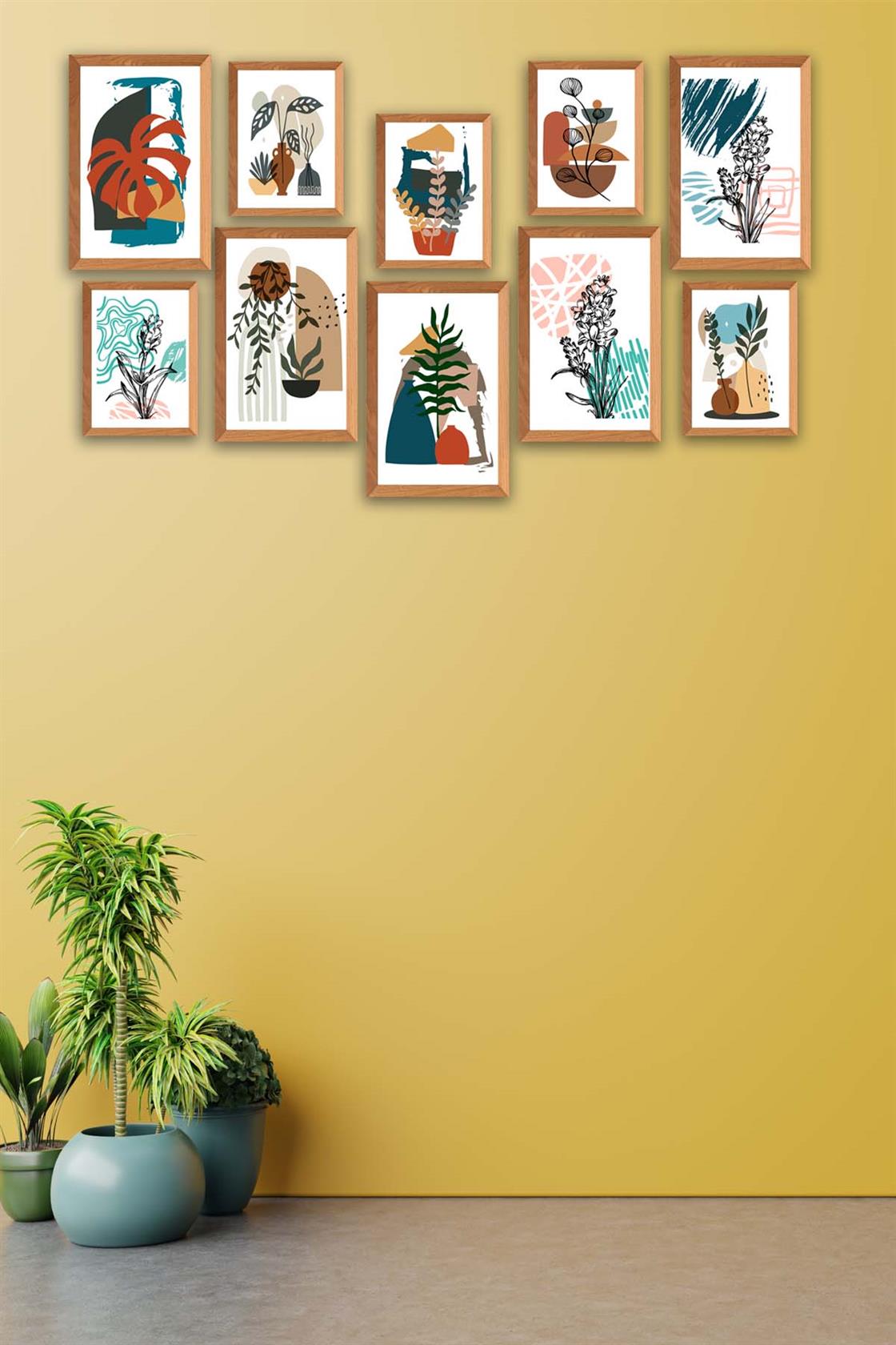 10 Parça Bohem Tarzında Ahşap Çerçeve Görünümlü Uv Baskı Mdf Tablo Seti