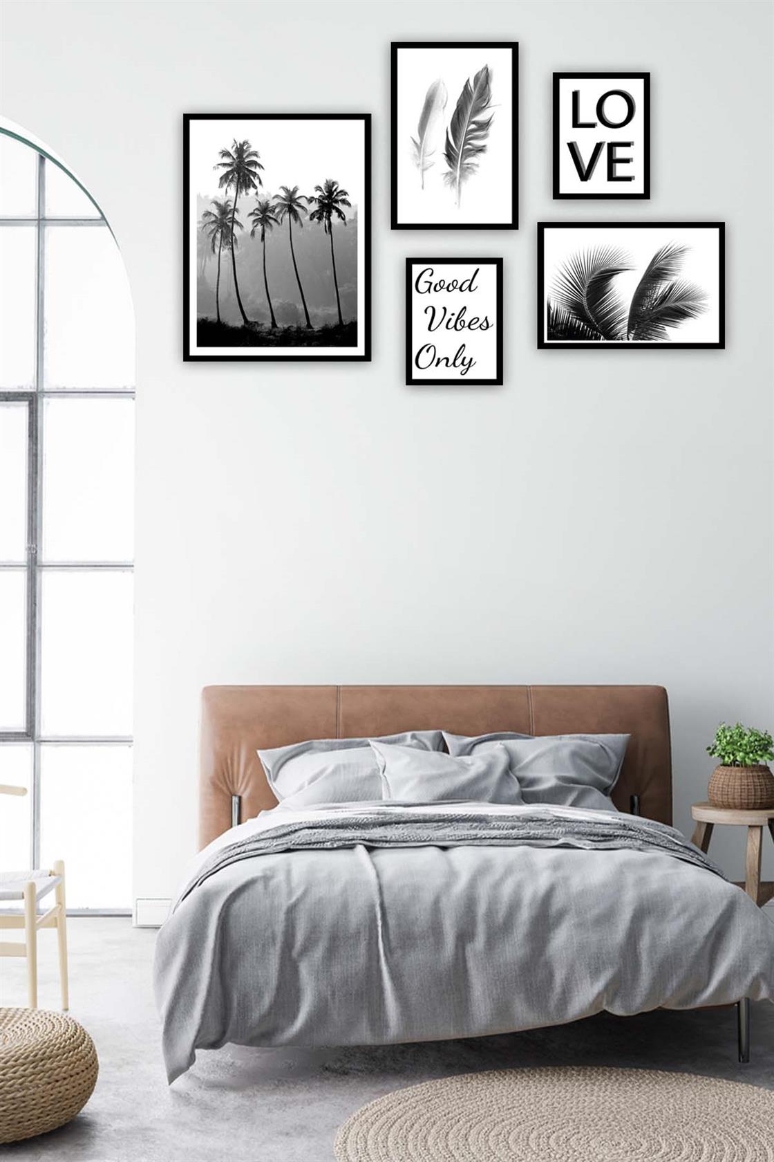 5 Parça Siyah Beyaz Yaprak Siyah Çerçeve Görünümlü Tablo Seti