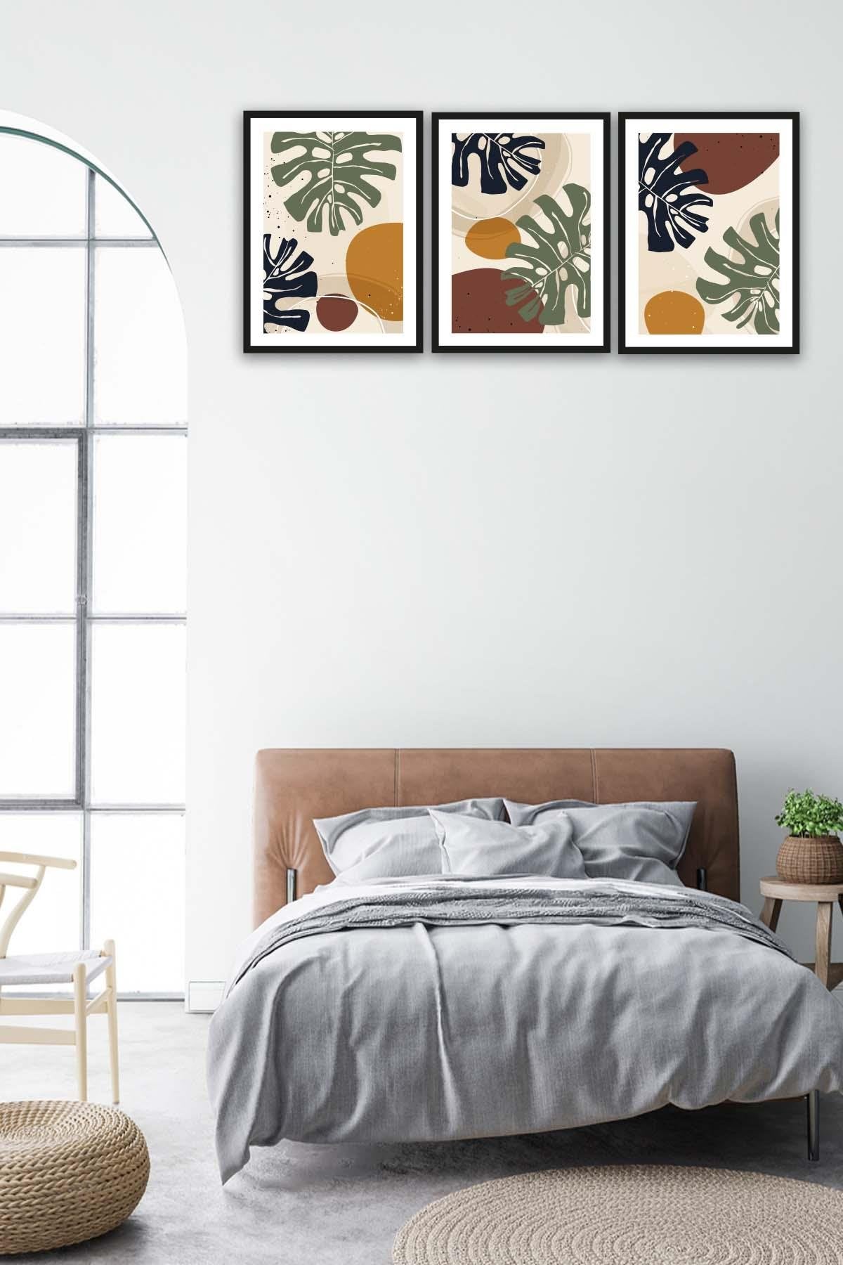 Botanik Yaprak Ve Bohem Tarzında Siyah Çerçeve Görünümlü Ahşap Tablo Seti