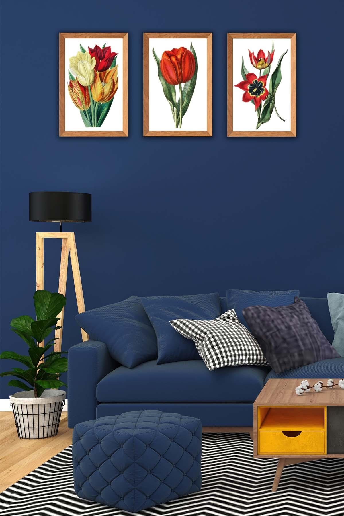 Gül Temalı Ahşap Çerçeve Görünümlü Tablo Seti