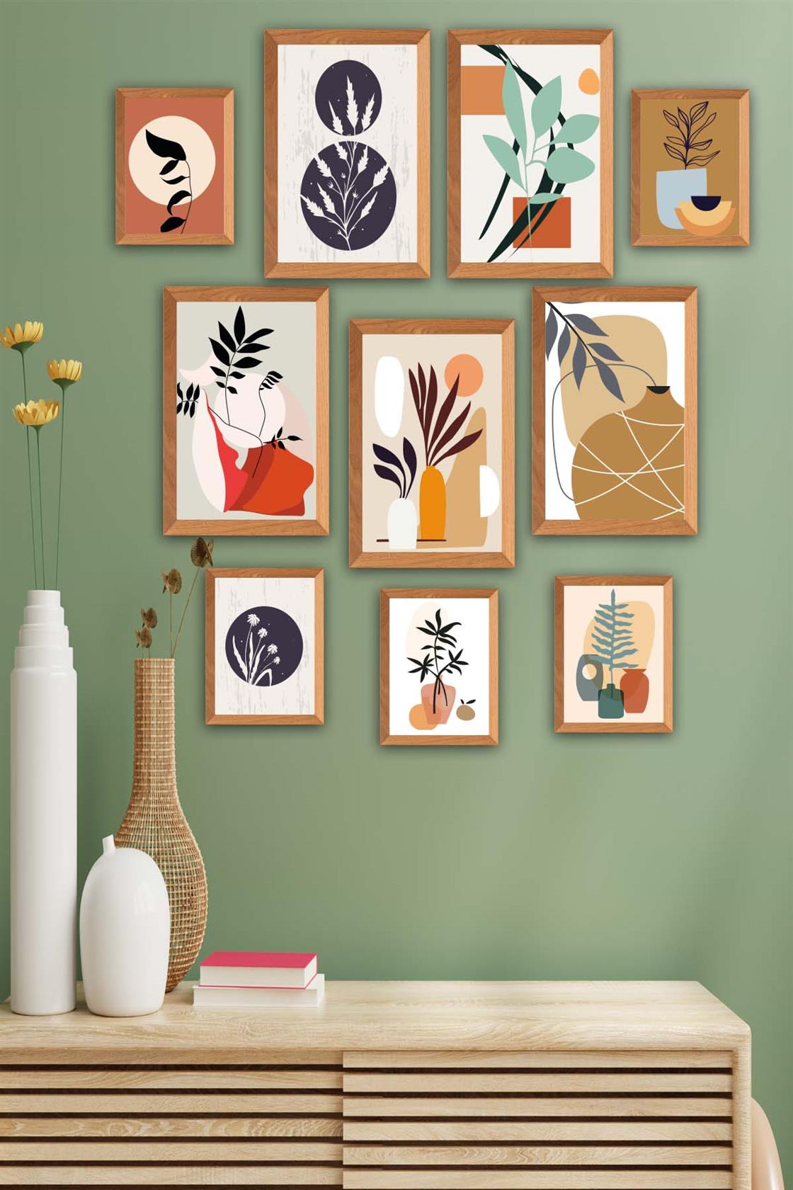 10 Parça Bohem Tarzında Sanatsal (Ahşap çerçeve görünümlü) Uv Baskı Mdf Tablo Seti