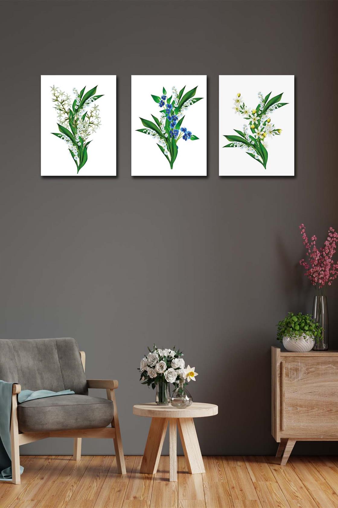 3 Parça Yeşil Çiçekler Tablo Seti