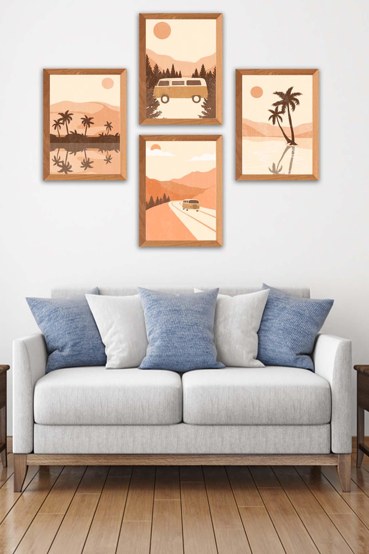 Yaz Ve Palmiye Temalı Ahşap Çerçeve Görünümlü Tablo Seti