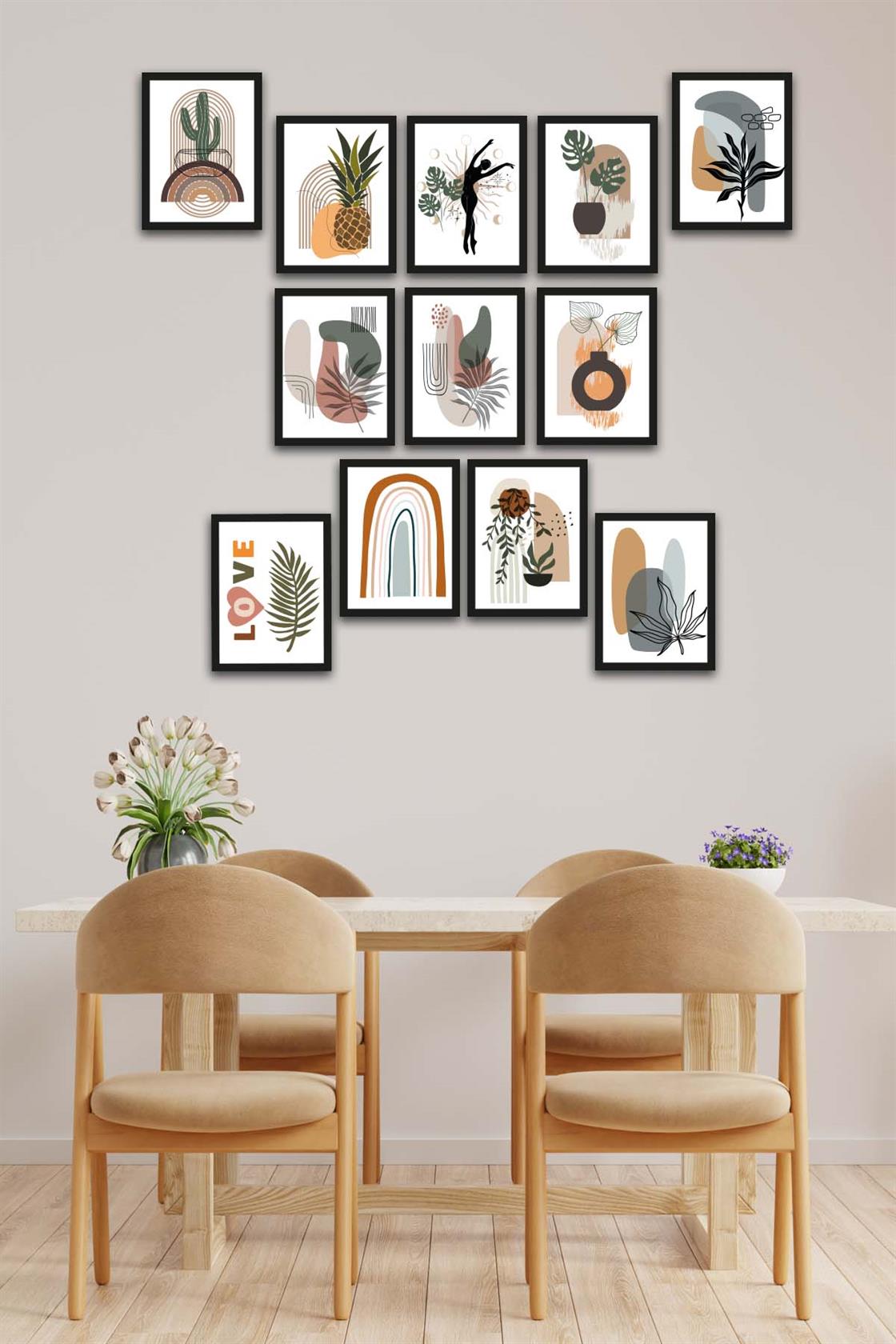 12 Parça Bohem Tarzda Sanatsal Siyah Çerçeve Görünümlü Uv Baskı Mdf Tablo Seti