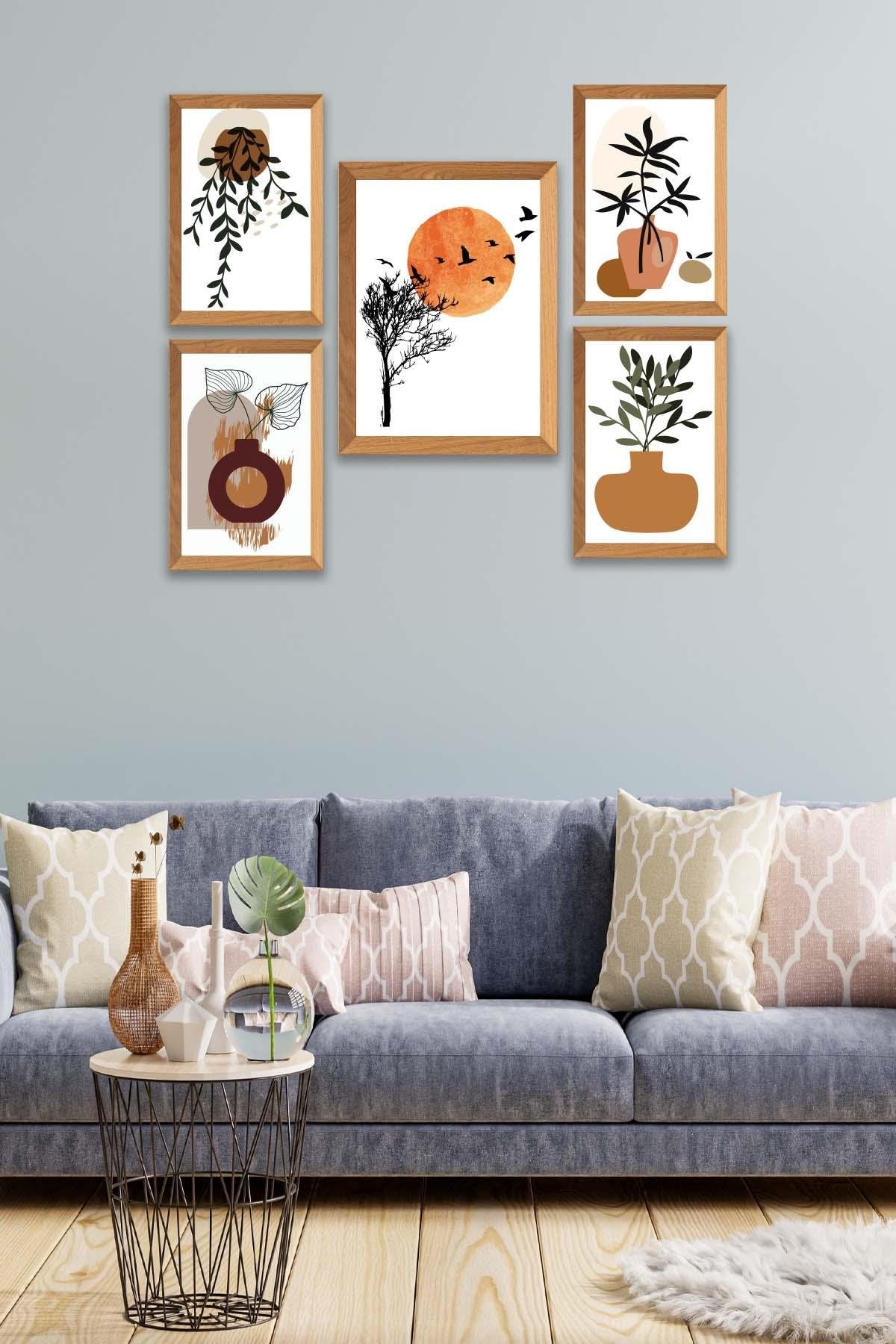 5 Parça Dal Ve Bohem Temalı Ahşap Çerçeve Görünümlü Tablo Seti