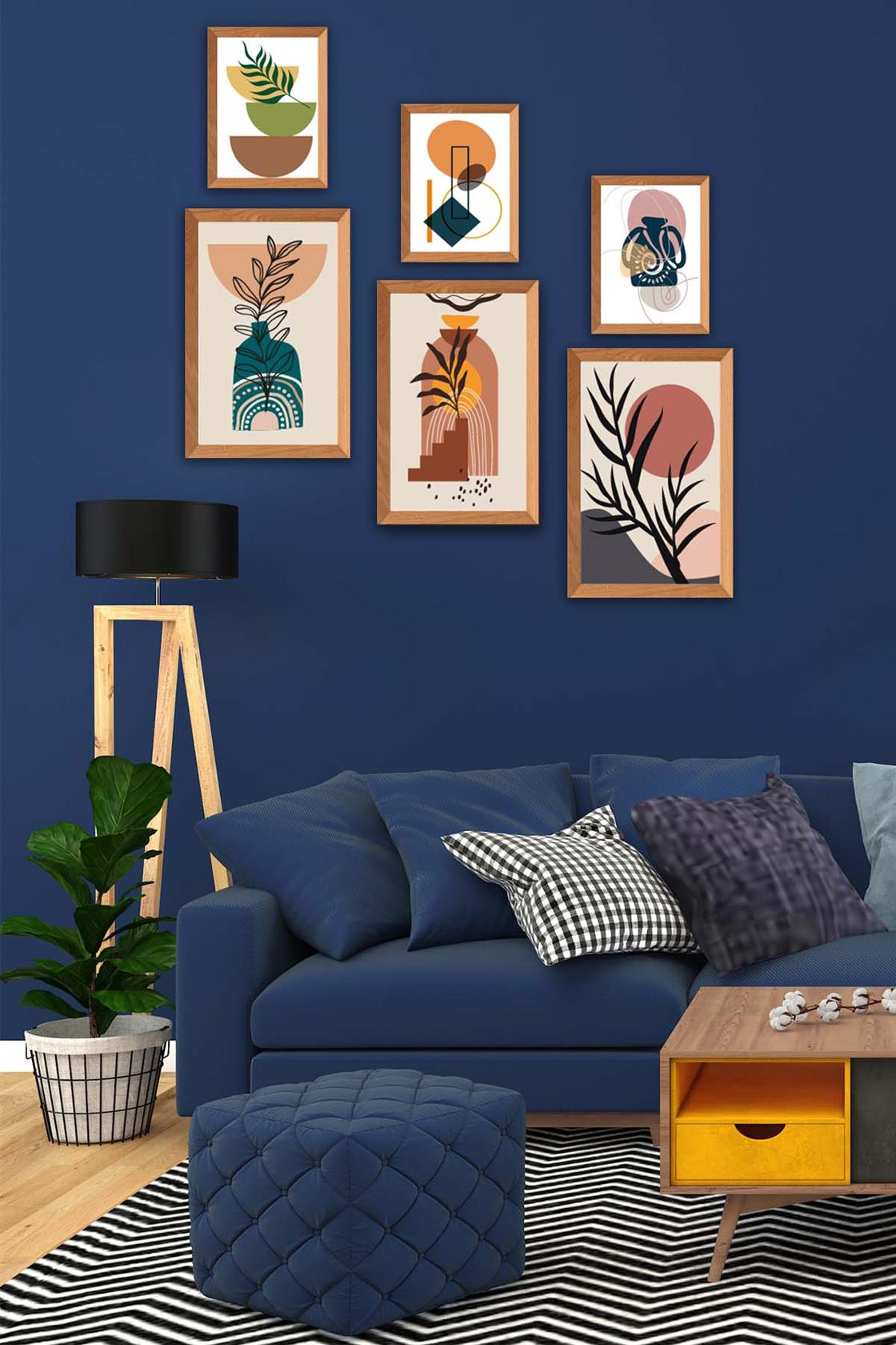 6 Parça Ahşap Çerçeve Görünümlü Bohem Tablo Seti