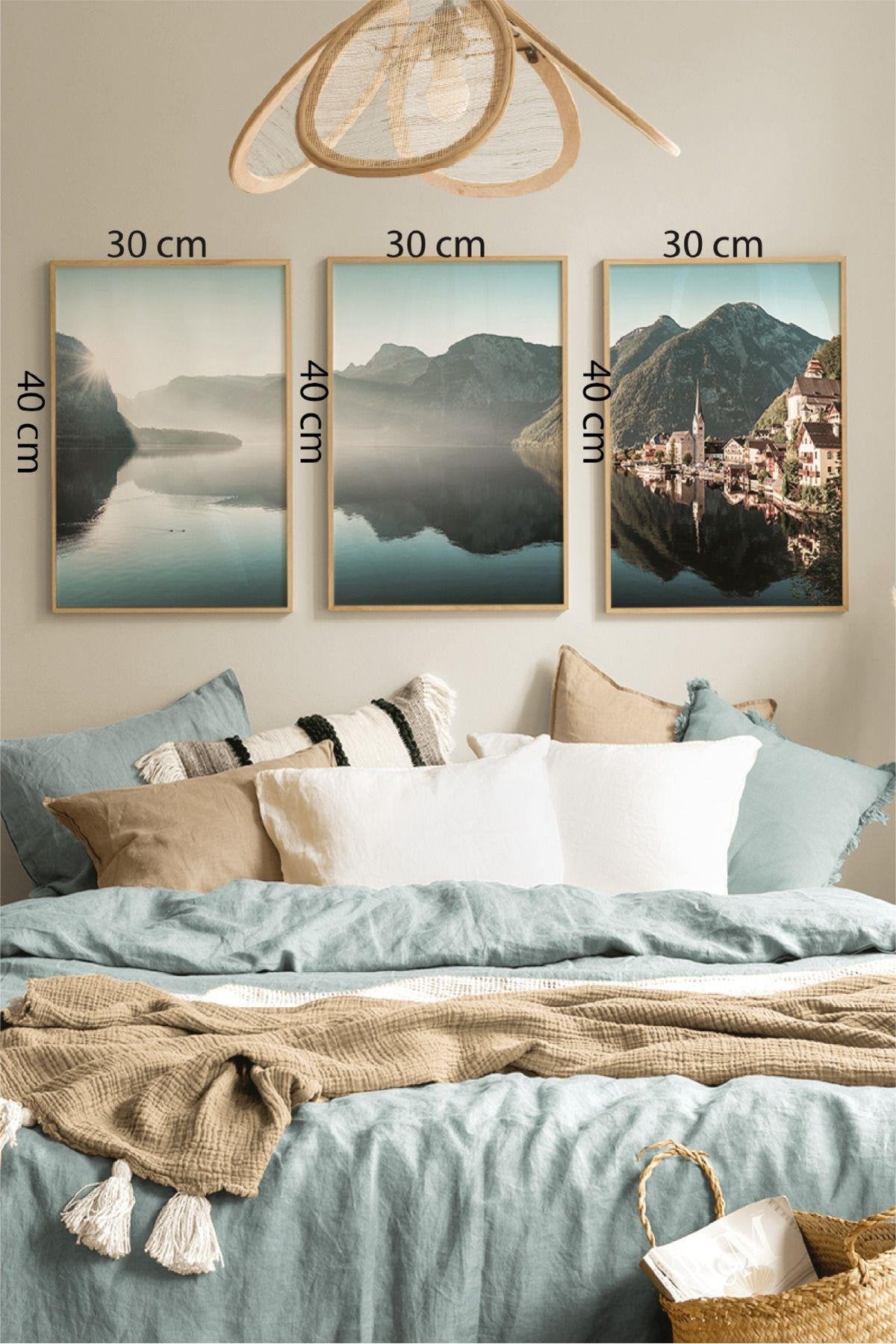 3 Parça İsveç Ve Göl Temalı Ahşap Çerçeve Görünümlü Tablo Seti
