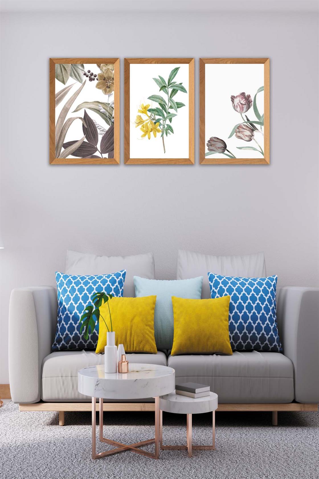 3 Parça Renkli Çiçekler Ahşap Çerçeve Görünümlü Dijital Baskı Tablo Seti