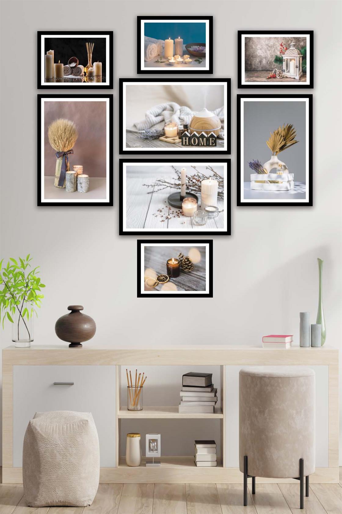 8 Parça Mum Ve Kozalak Tarzında Siyah Çerçeve Görünümlü Mdf Tablo Seti