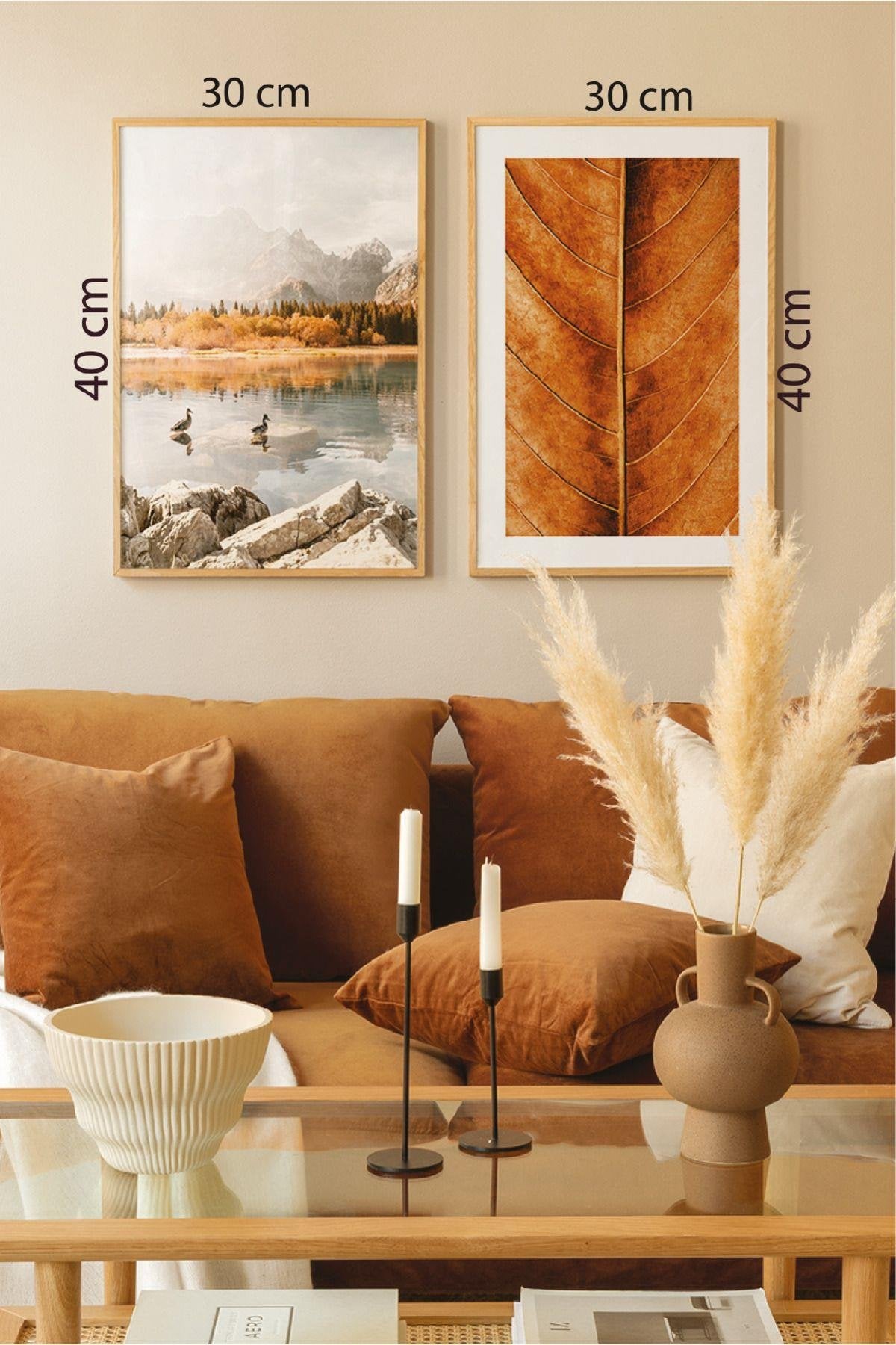 2 Parça Göl Ve Yaprak Manzaralı Ahşap Çerçeve Görünümlü Tablo Seti