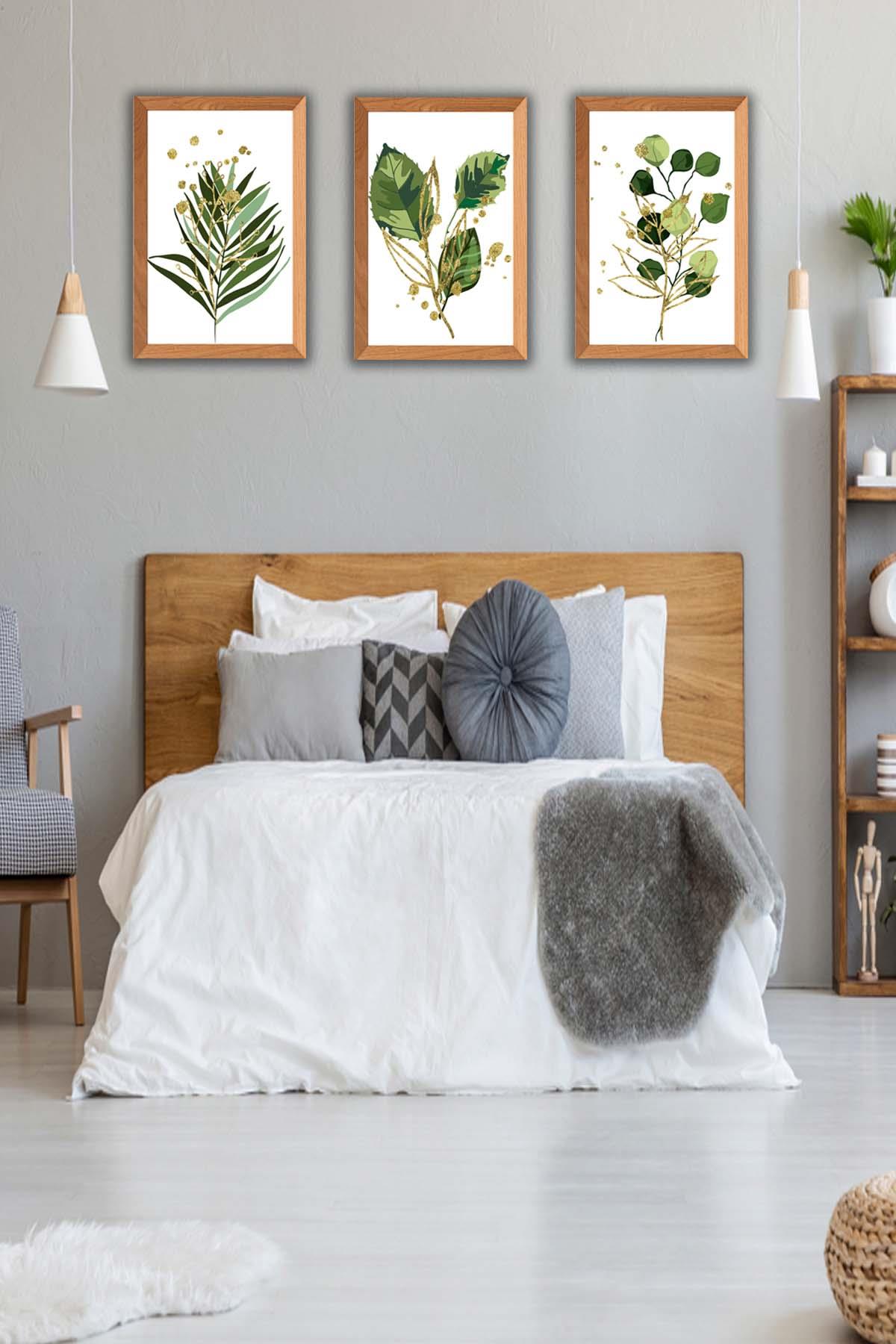 Yeşil Çiçek Temalı Ahşap Çerçeve Görünümlü Tablo Seti