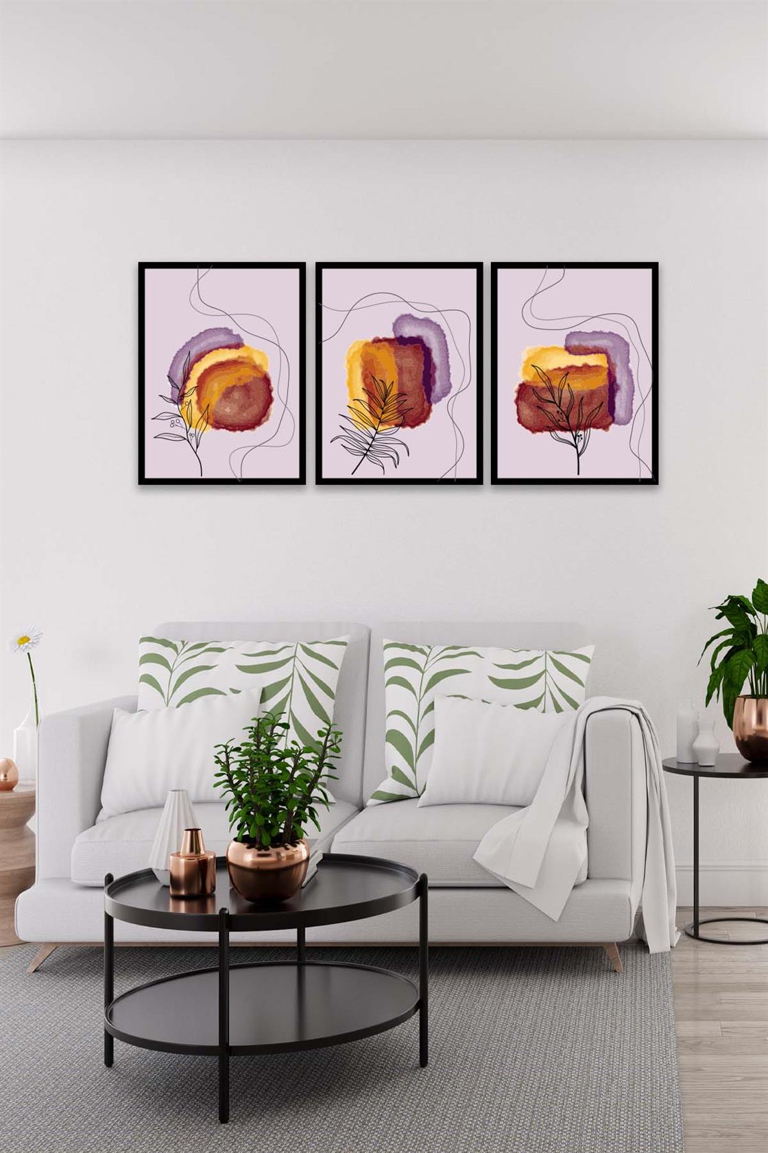 3 Parça Bohem Ve Suluboya Tarzda (Siyah Çerçeve Görünümlü) Uv Baskı Mdf Tablo Seti