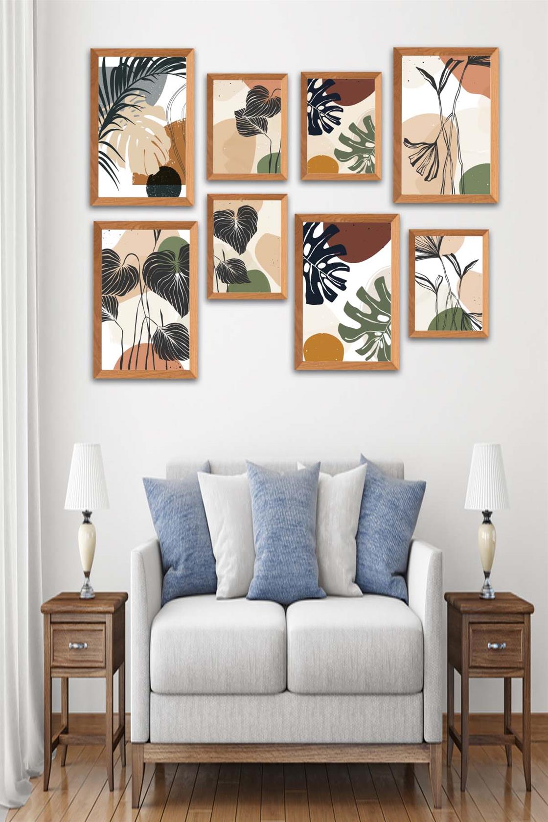 8 Parça Bohem Tarzda Sanatsal Ahşap Çerçeve Görünümlü Uv Baskı Mdf Tablo Seti