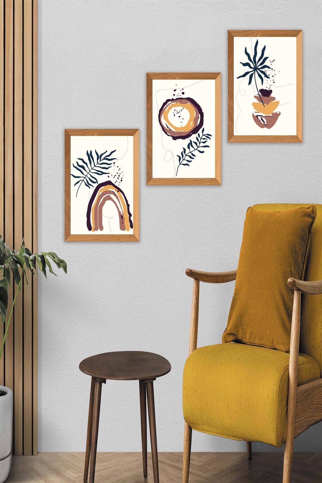 3 Parça Bohem Tarzında Ahşap Çerçeve Görünümlü Dijital Baskı Tablo Seti