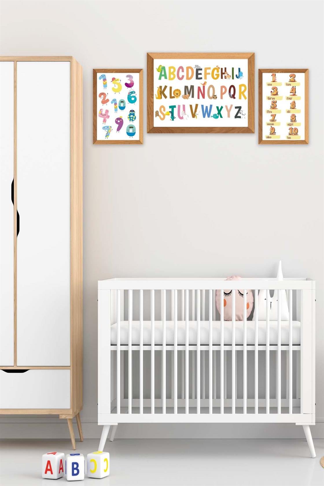 Çoçuklar İçin Renkli Alfabe Sayılar Eğitici Tablo Ahşap Çerçeve Görünümlü Dijital Baskı Tablo Seti