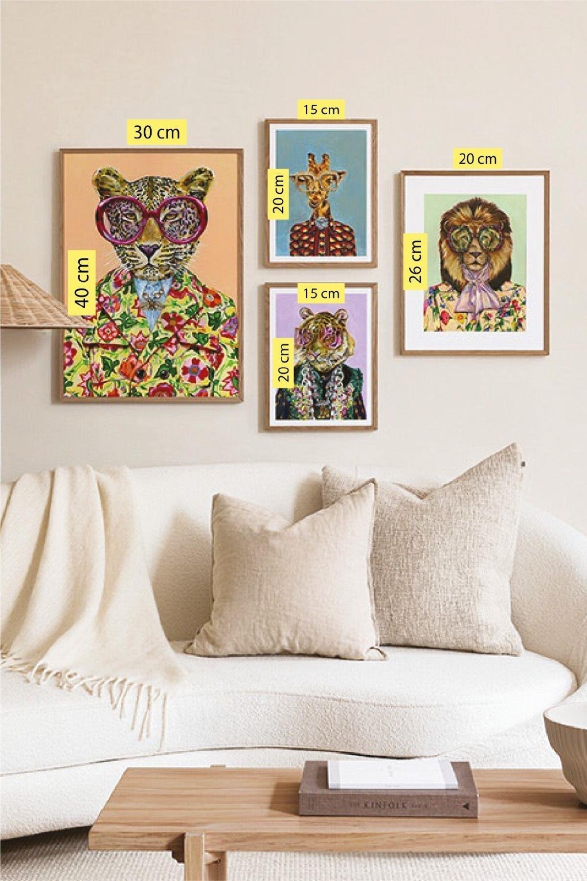 Modern Hayvan Temalı Ahşap Çerçeve Görünümlü Tablo Seti