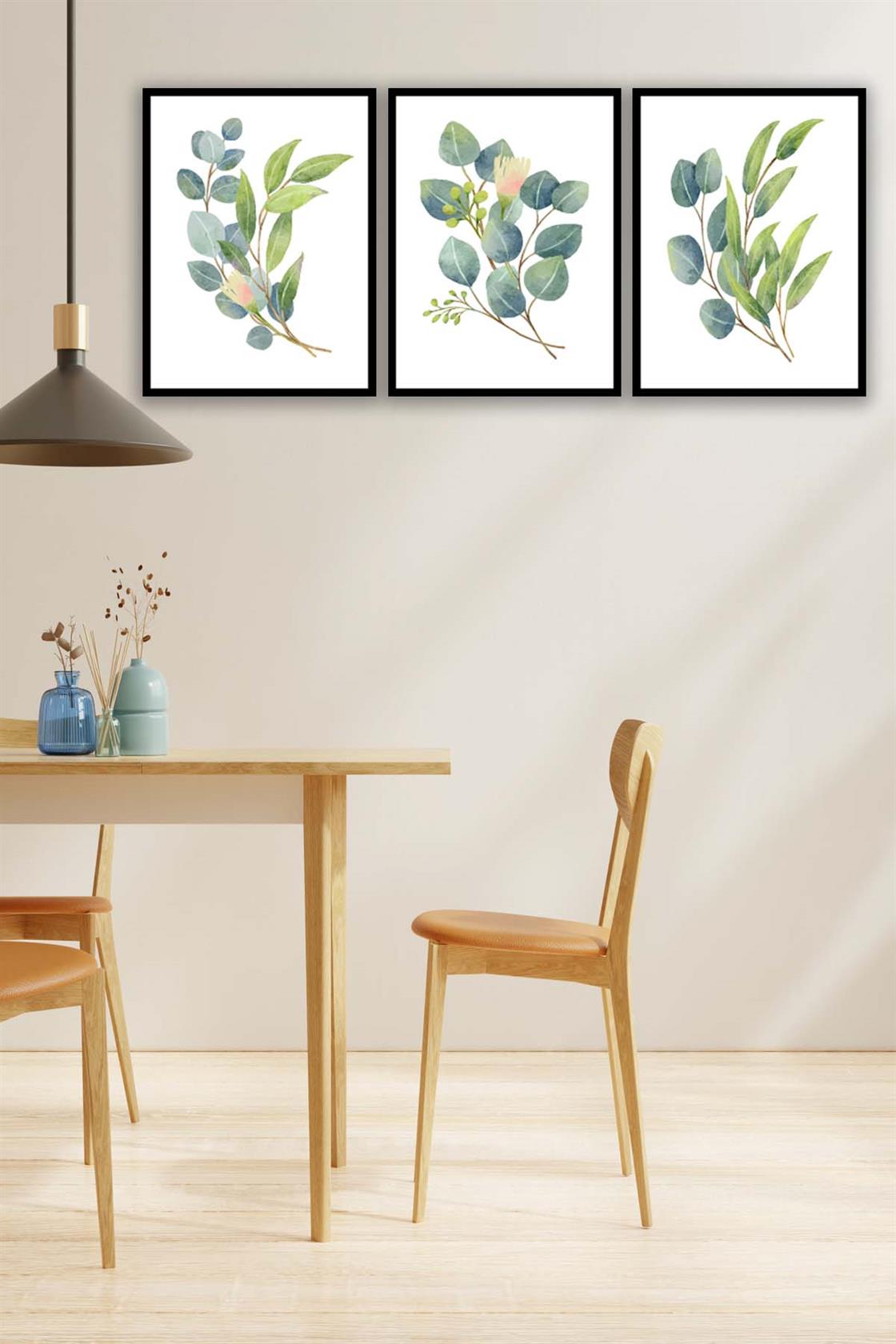 3 Parça Suluboya Tarzında Botanik Çiçekler Tablo Seti