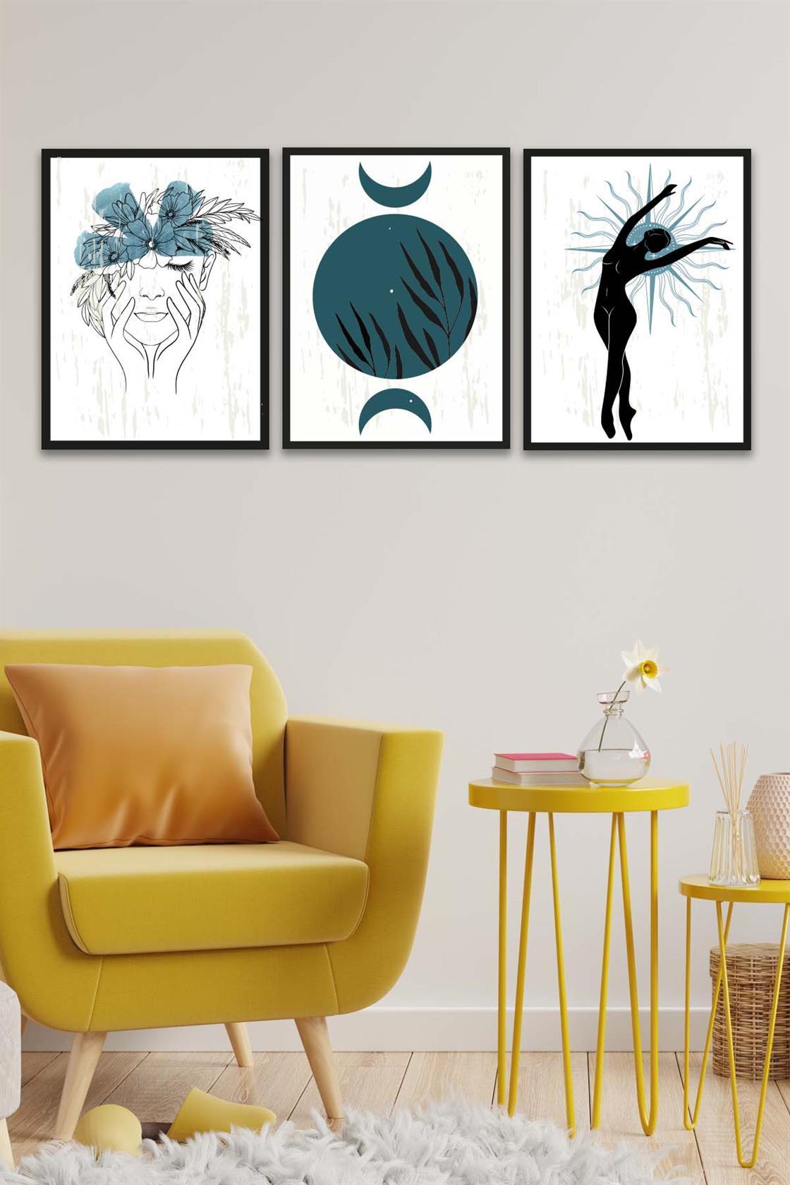 3 Parça Modern Sanat Tarzında Lotus Tasarım (Siyah çerçeve görünümlü) Uv Baskı Mdf Tablo Seti