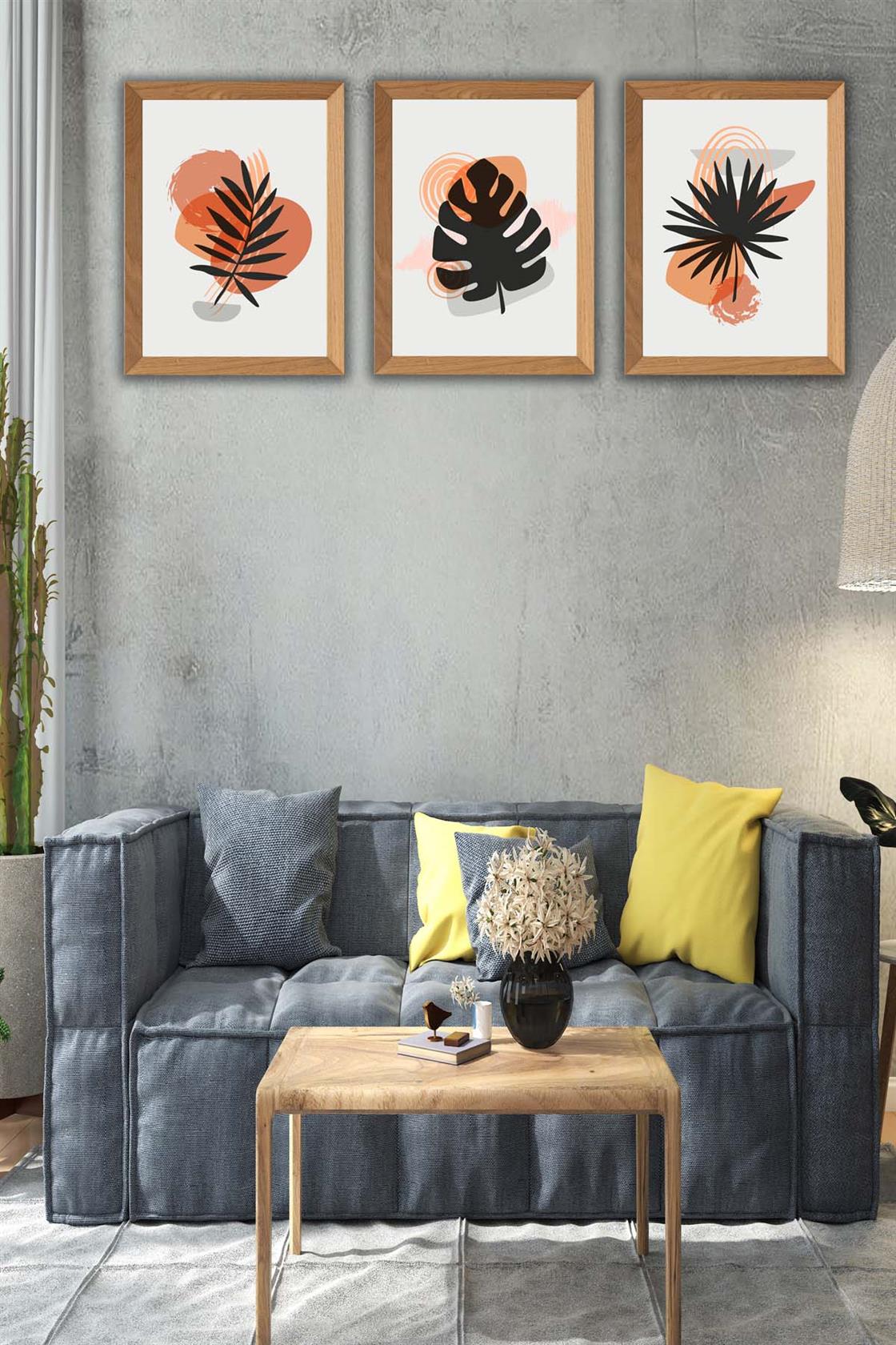 Modern Yaprak Tarzında Ahşap Çerçeve Görünümlü Sanatsal Tablo Seti