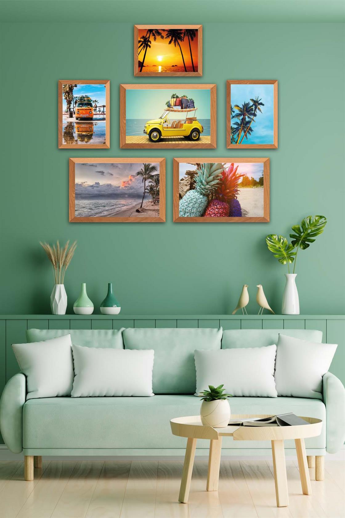 6 Parça Yaz Manzara Tarzında Ahşap Çerçeve Görünümlü Uv Baskı Mdf Tablo Seti