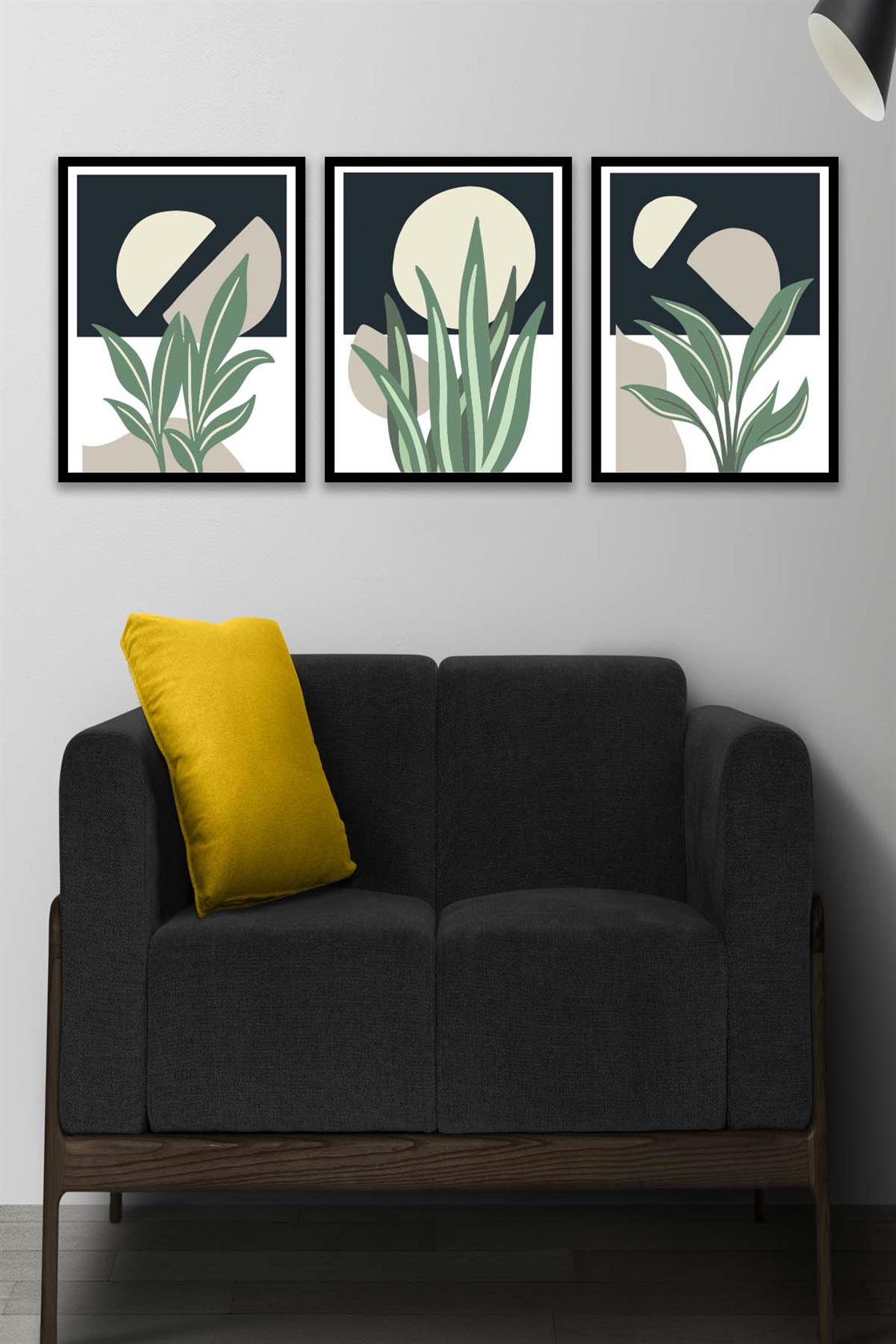 3 Parça Geometrik Şekiller Sanatsal (Siyah çerçeve görünümlü) Uv Baskı Mdf Tablo Seti