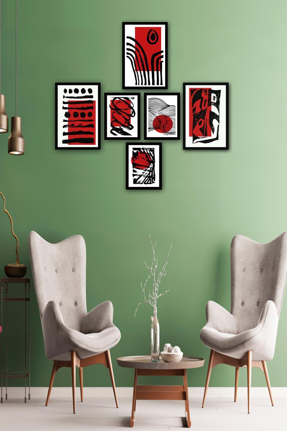 6 Parça Modern Sanat Tarzında Siyah Çerçeve Görünümlü Uv Baskı Mdf Tablo Seti