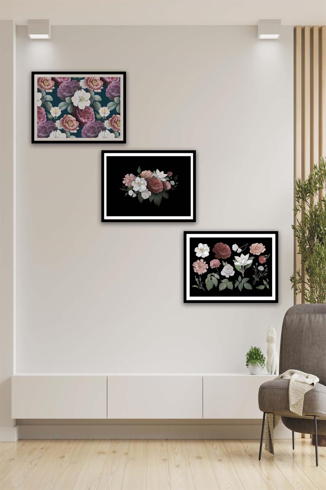 3 Parça Gül Ve Çiçek Tarzında Siyah Çerçeve Görünümlü Mdf Tablo Seti