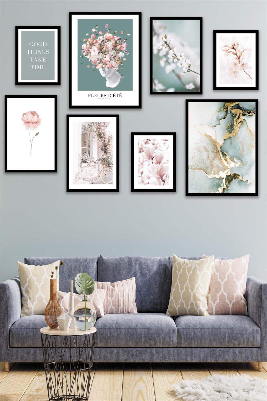 Sanatsal Çiçek Ve Mermer Deseni Temalı Tablo Seti