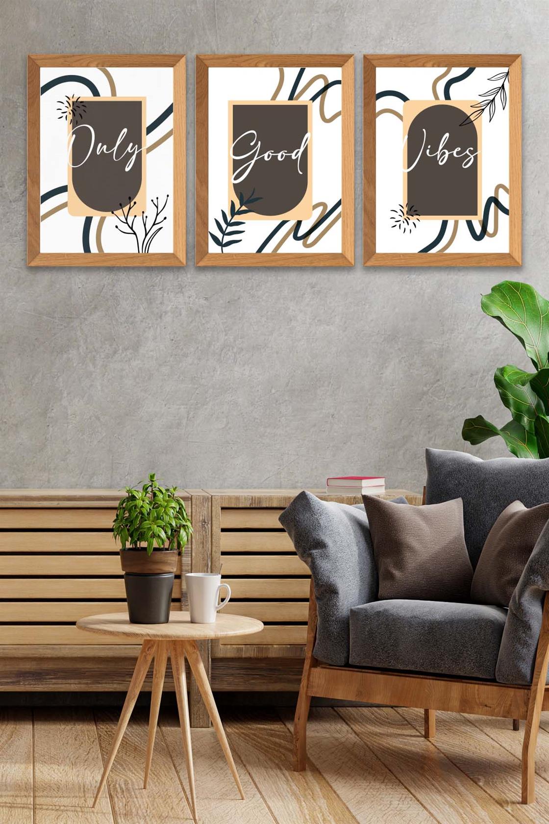 3 Parça Modern Sanatsal Tarzda (Ahşap çerçeve görünümlü) Uv Baskı Mdf Tablo Seti