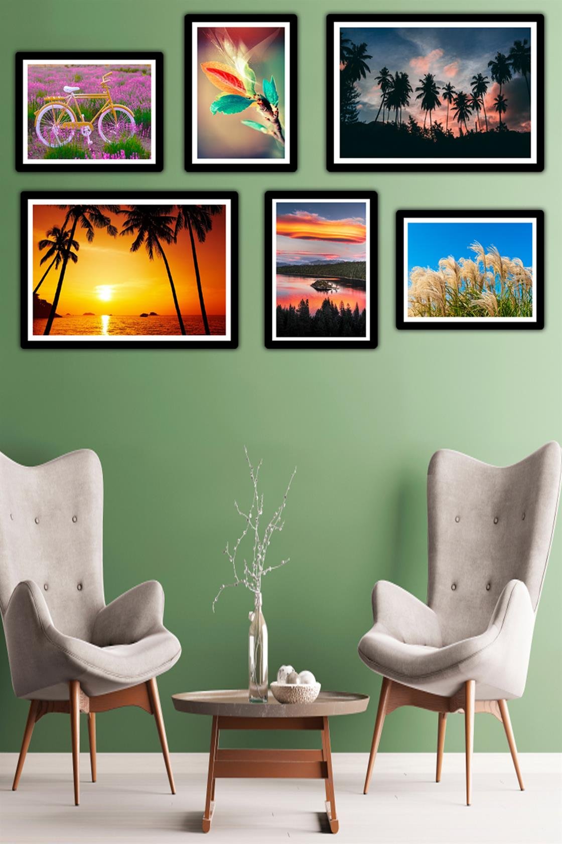 6 Parça Manzara Resimleri Siyah Çerçeve Görünümlü Uv Baskı Mdf Tablo Seti