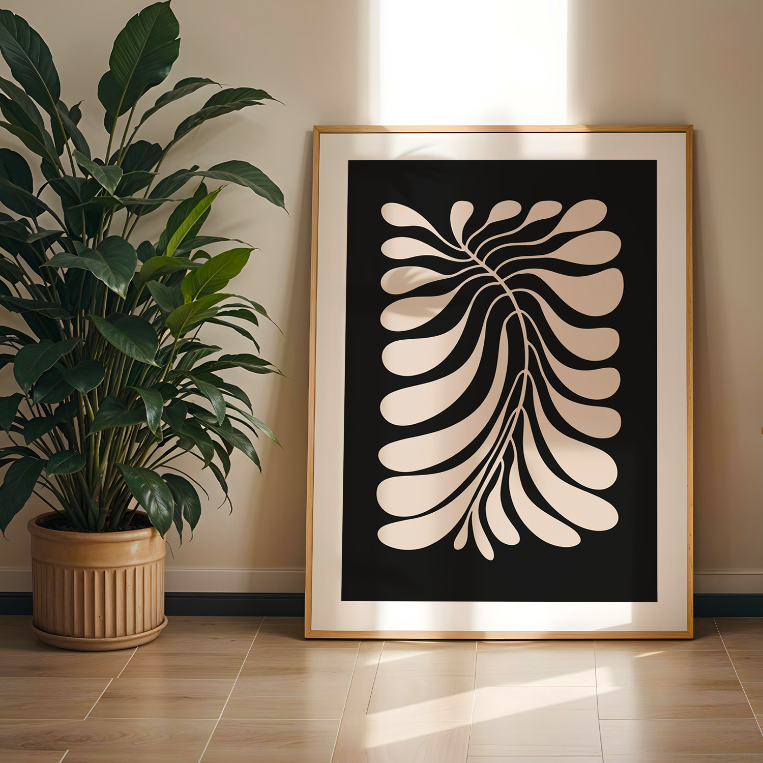 Abstract Botanical Leaf Tek Parça Doğal Ahşap Çerçeveli Tablo