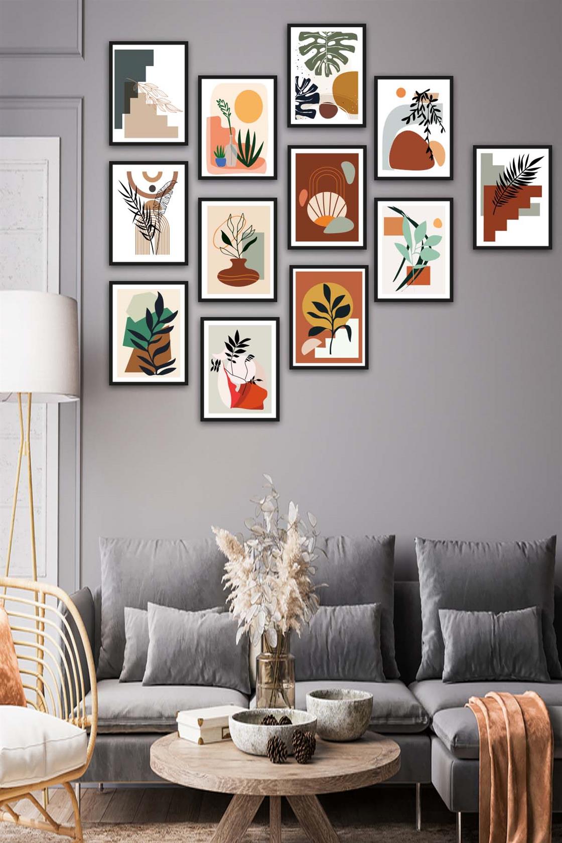 12 Parça Bohem Tarzında Siyah Çerçeve Görünümlü Uv Baskı Mdf Tablo Seti