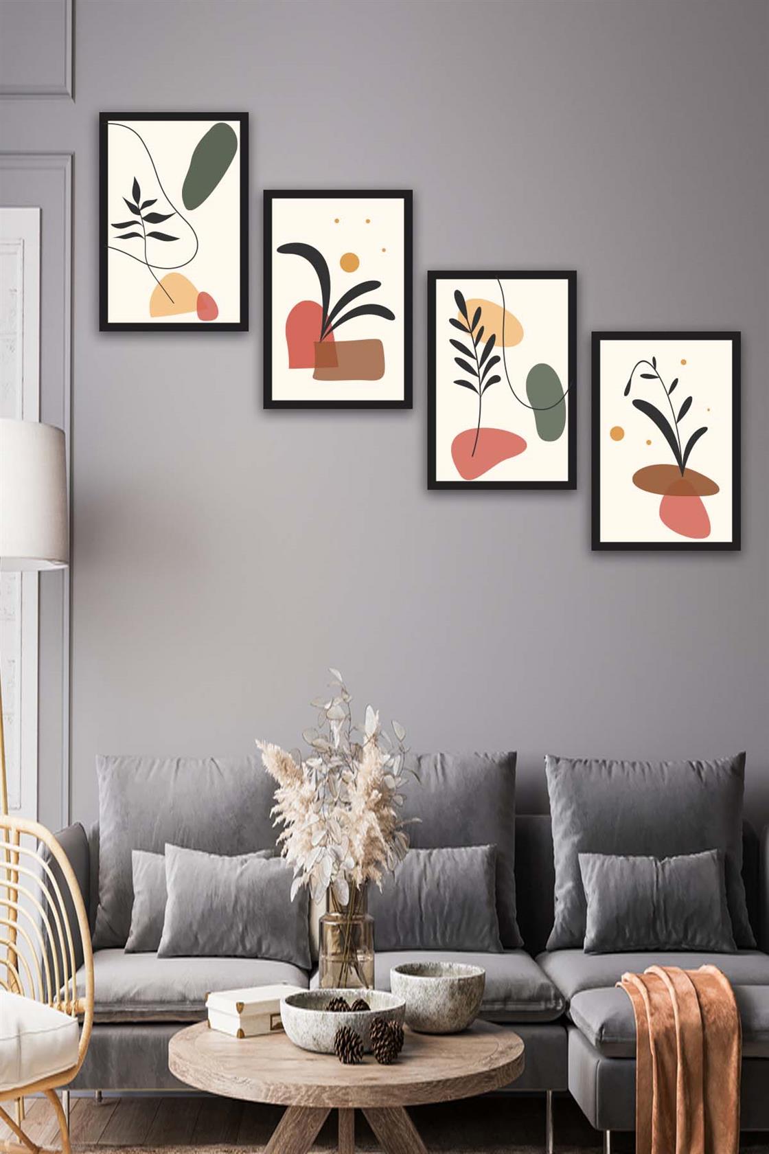 4 Parça Renkli Modern Bohem Tarzda Siyah Çerçeve Görünümlü Uv Baskı Mdf Tablo Seti