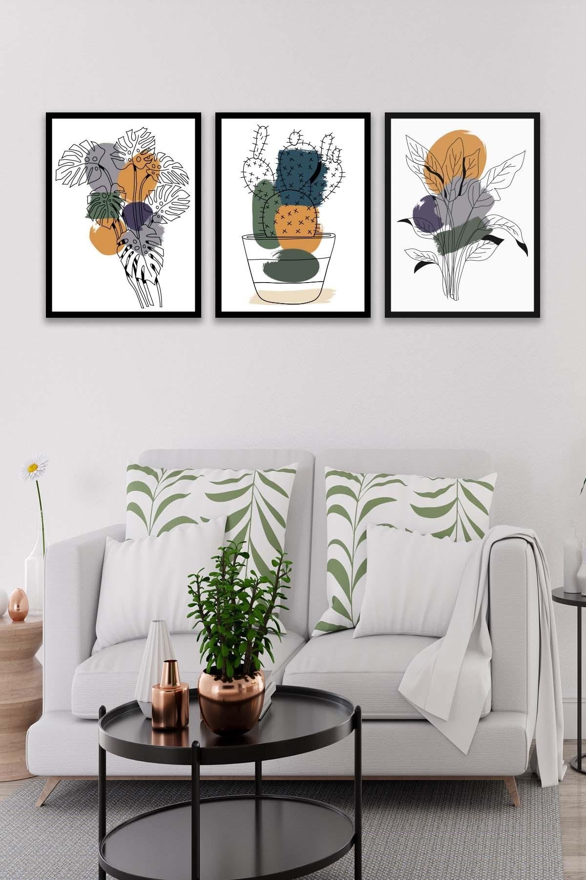 3 Parça Modern Tarzda Kaktüs Tablo Seti