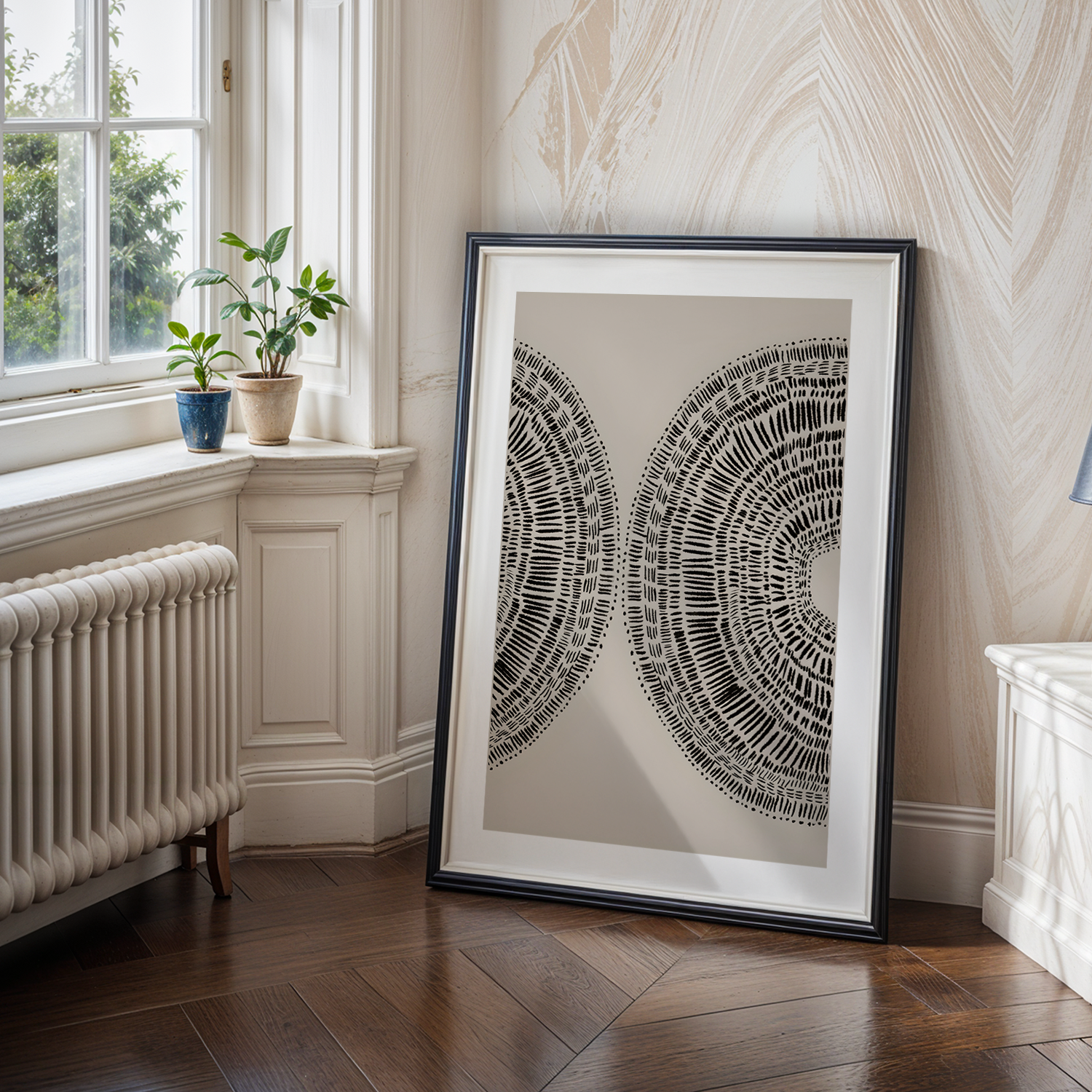 Radial Pattern Tek Parça Siyah Çerçeveli Ahşap Tablo