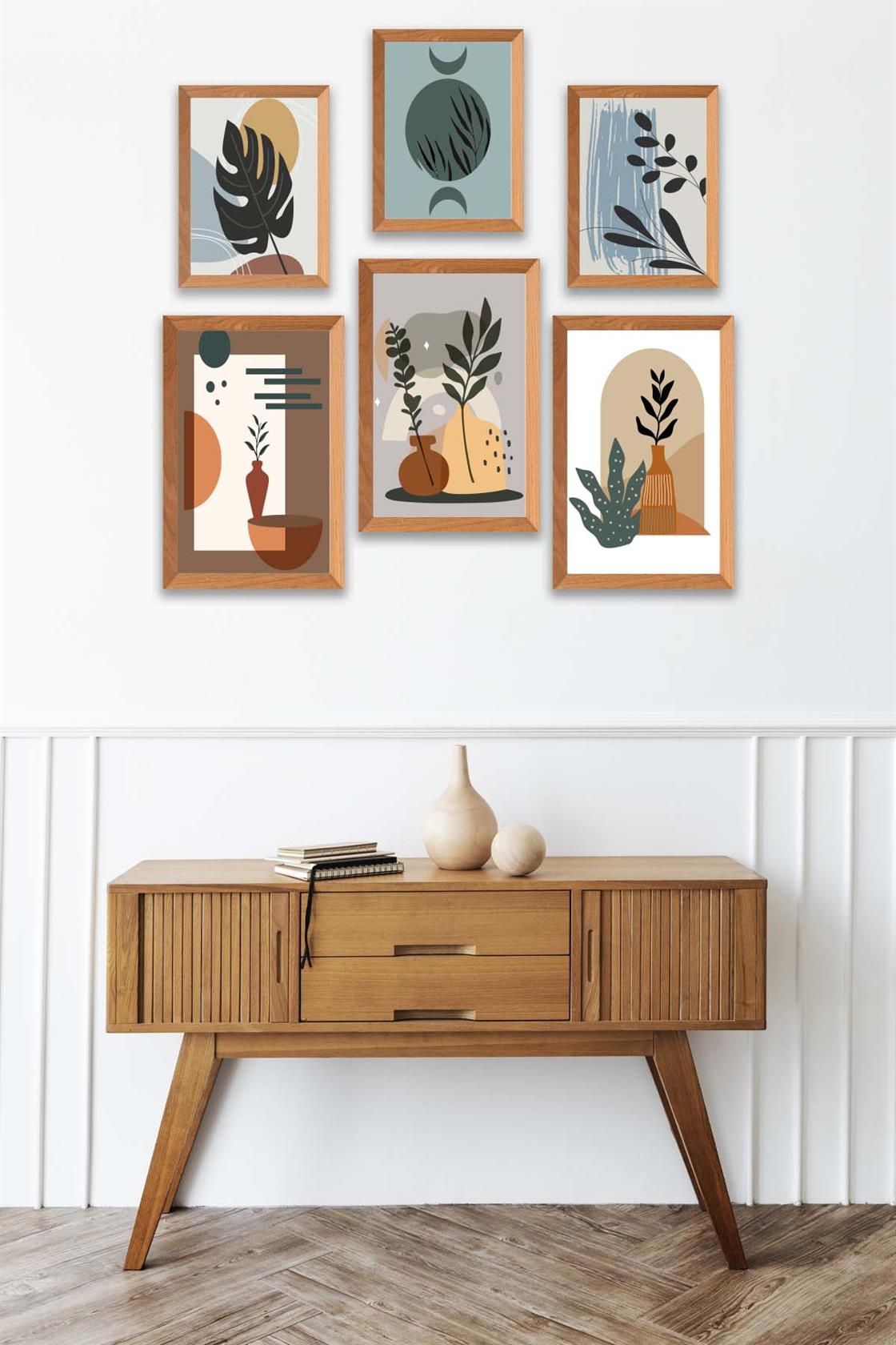 6 Parça Bohem Sanatsal Tarzında (Ahşap çerçeve görünümlü) Uv Baskı Mdf Tablo Seti