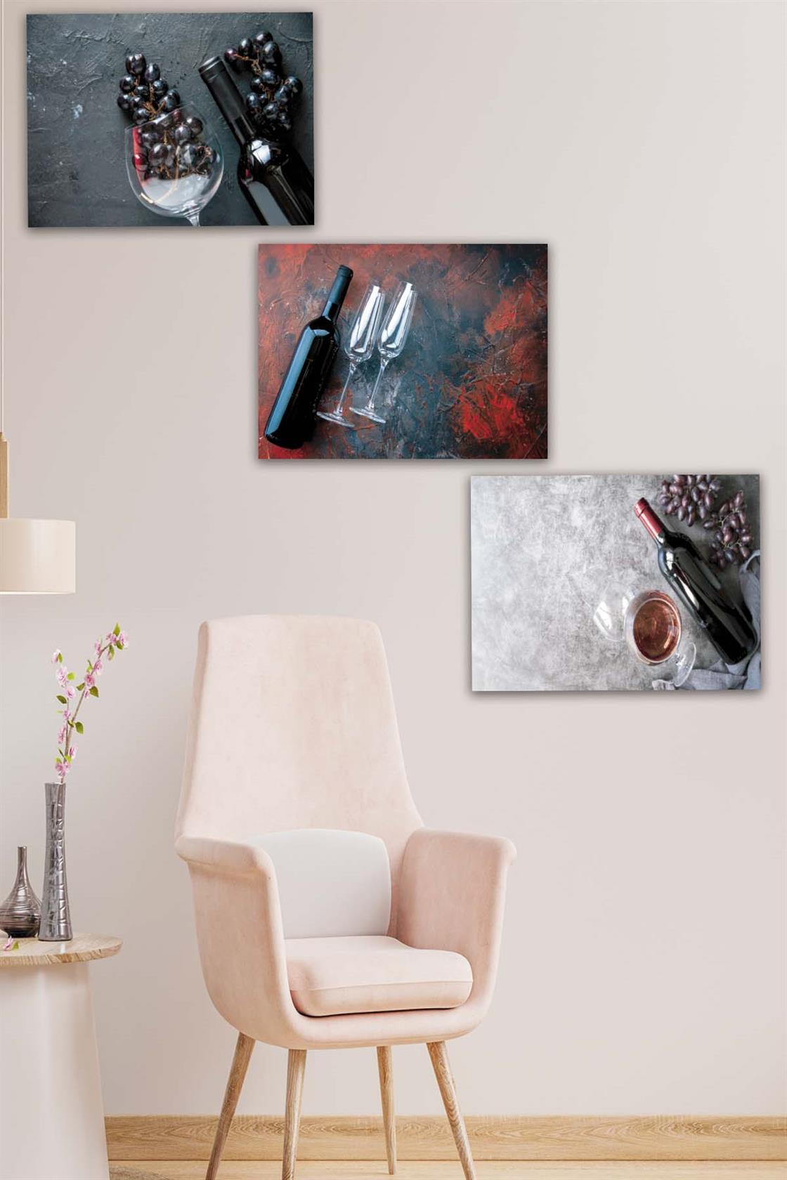 3 Parça Şarap ve Üzüm Desenli Mdf Ahşap Tablo Seti