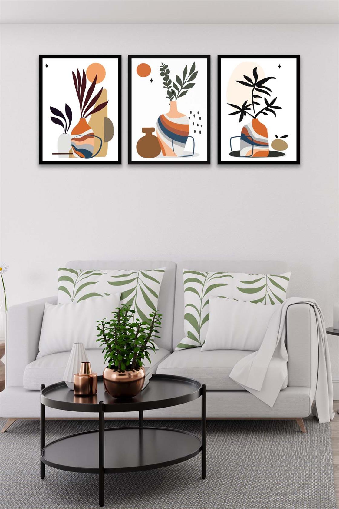 3 Parça Modern Sanatsal Tarzda (Siyah çerçeve görünümlü) Uv Baskı Mdf Tablo Seti