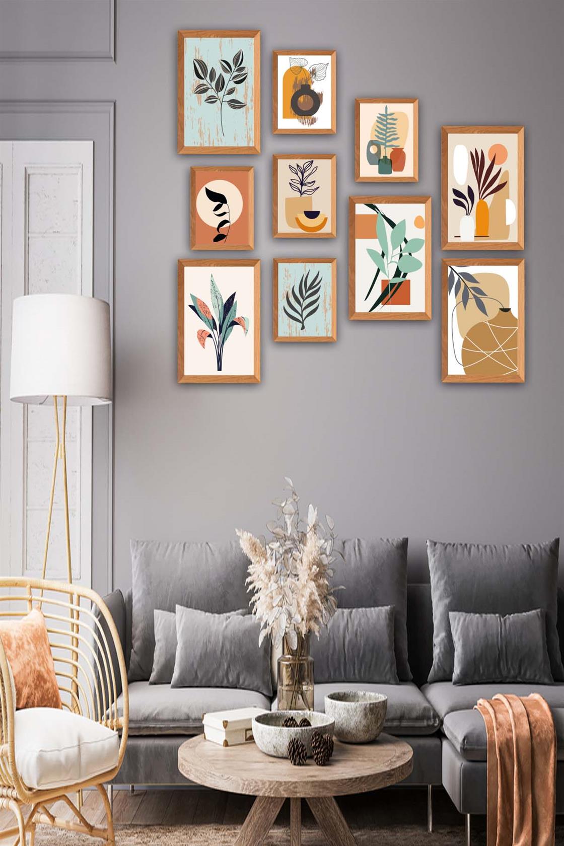 10 Parça Bohem Tarzında Sanatsal (Ahşap çerçeve görünümlü) Uv Baskı Mdf Tablo Seti