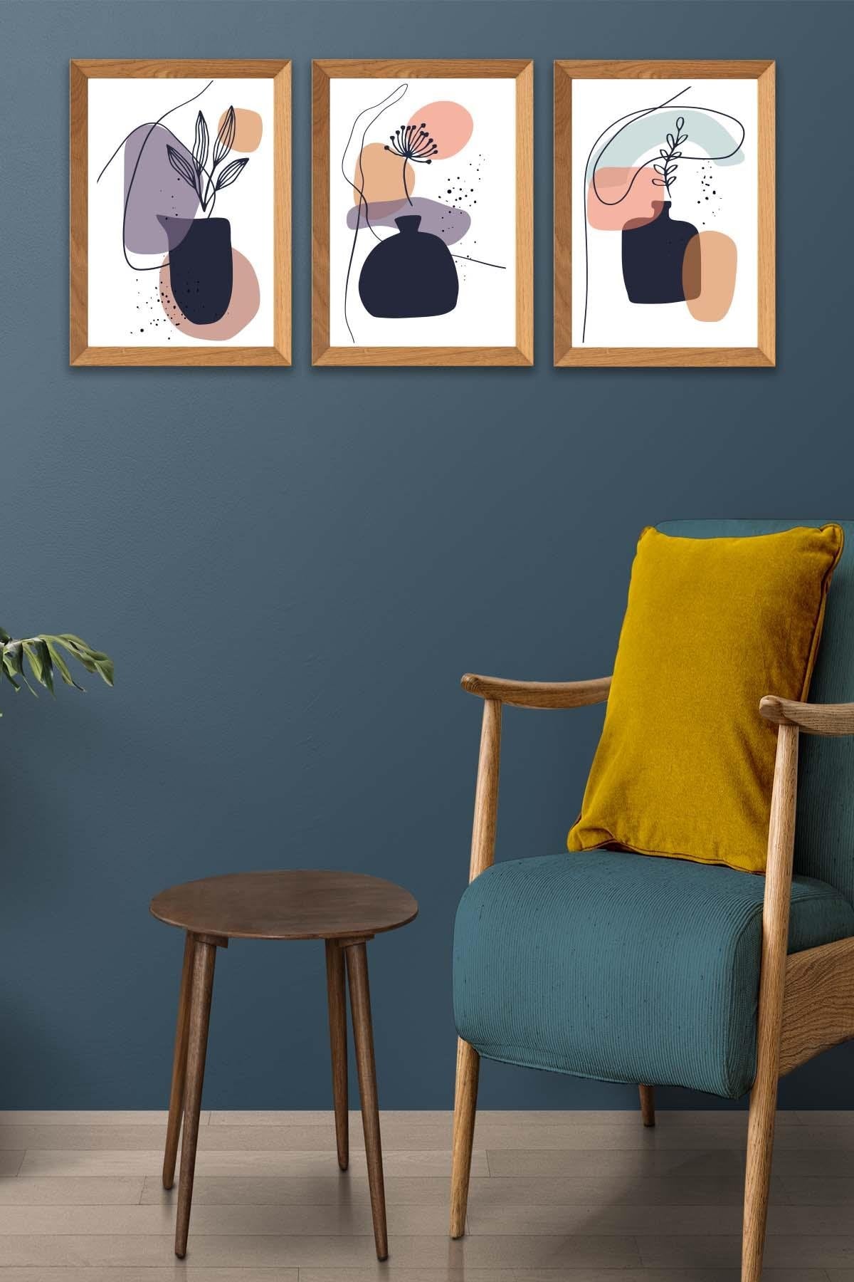 Vazo Temalı Ahşap Çerçeve Görünümlü Tablo Seti