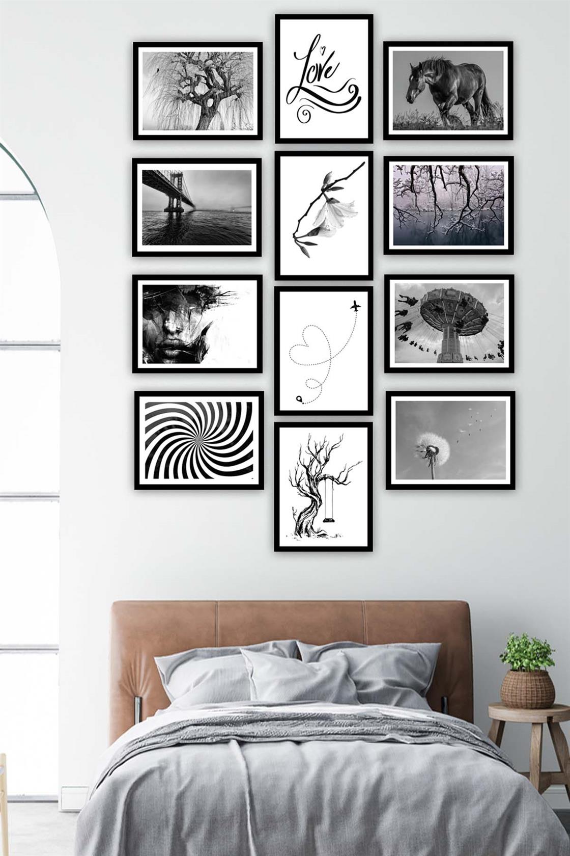 12 Parça Siyah Beyaz Sanatsal Çerçeve Görünümlü Tablo Seti