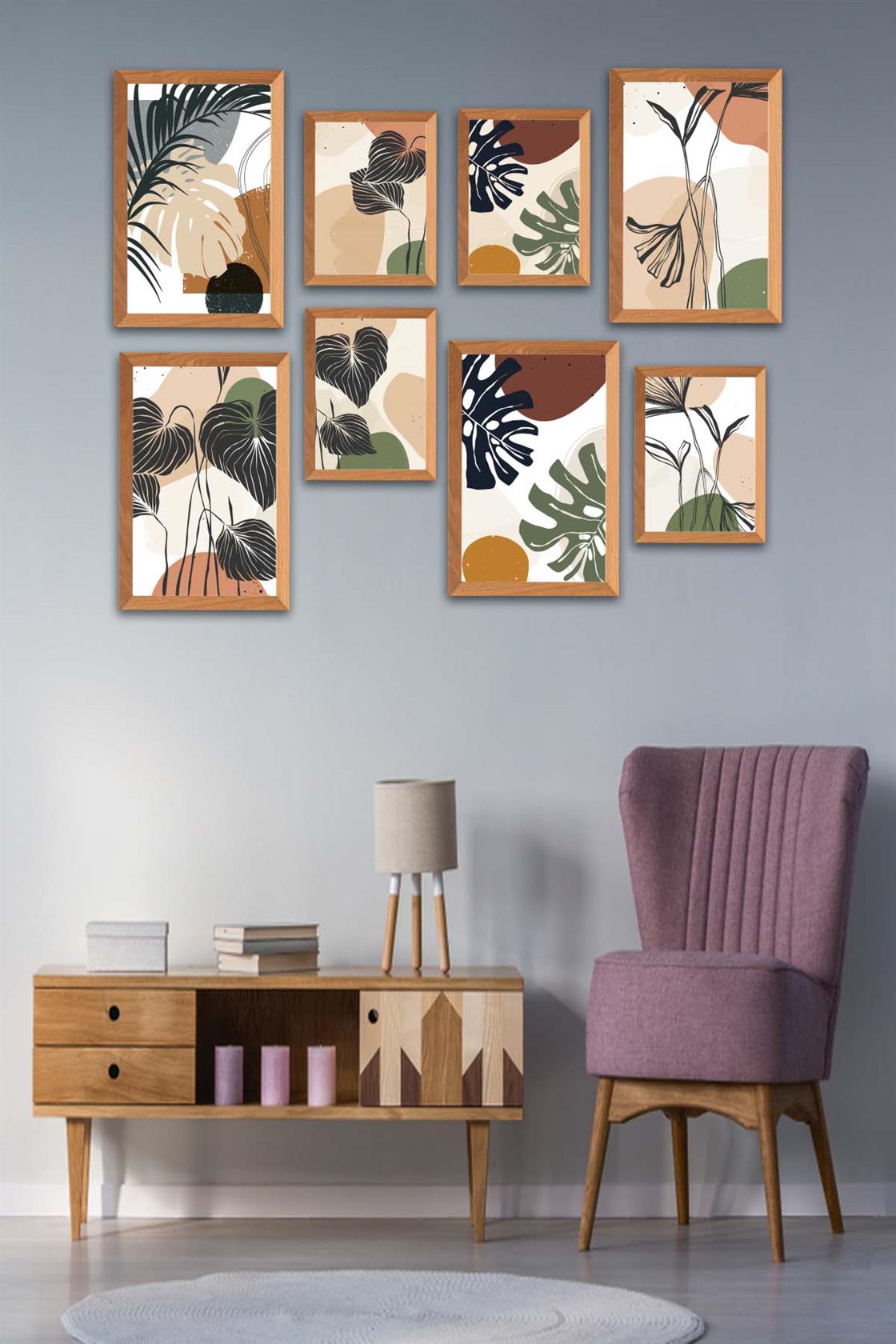 8 Parça Bohem Tarzda Sanatsal Ahşap Çerçeve Görünümlü Uv Baskı Mdf Tablo Seti