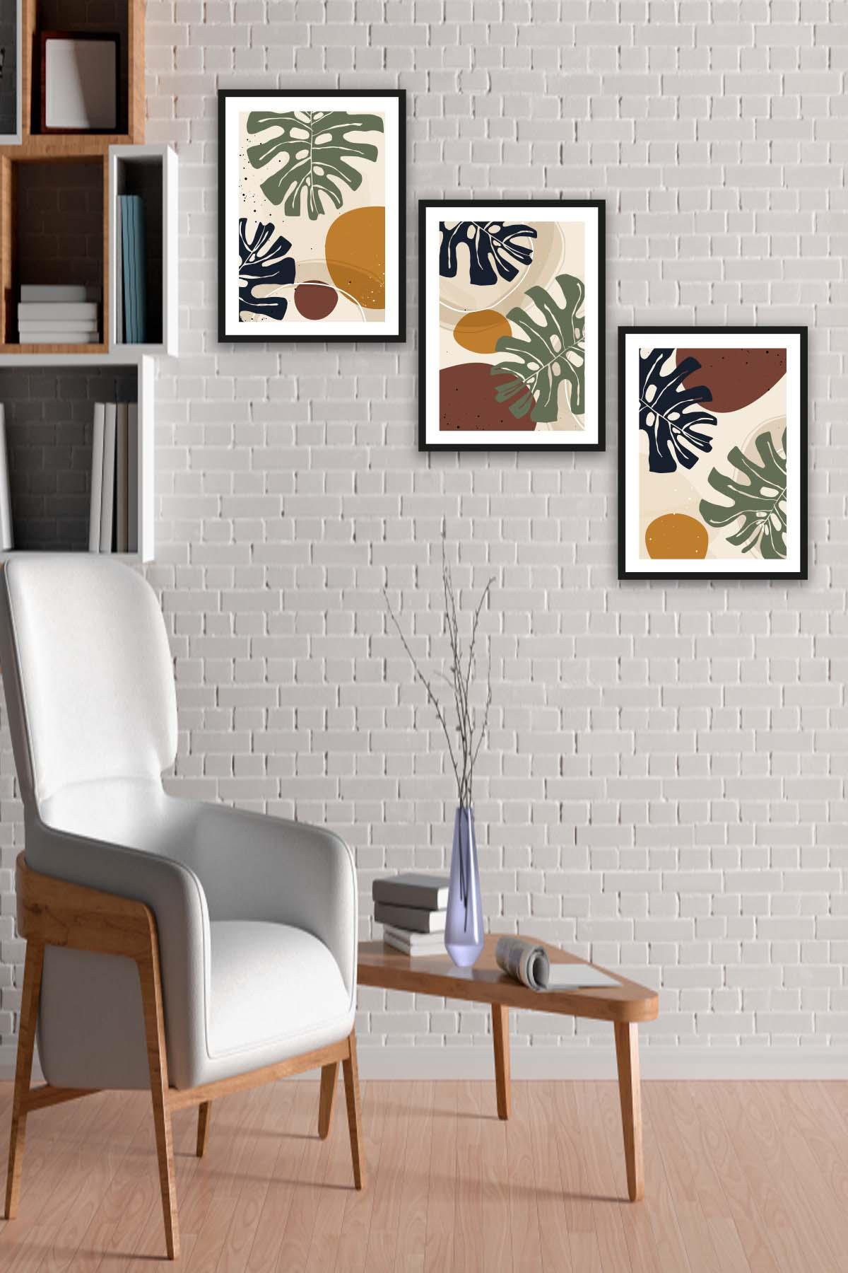 Botanik Yaprak Ve Bohem Tarzında Siyah Çerçeve Görünümlü Ahşap Tablo Seti