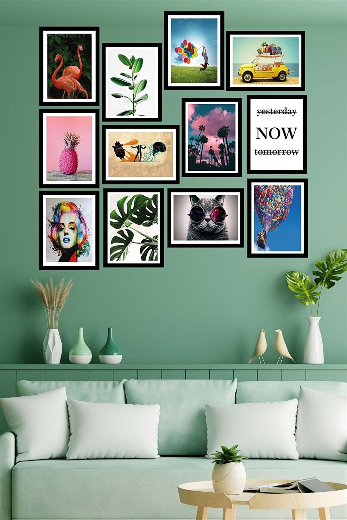 12 Parça Birbirinden Farklı Dijital Baskı Siyah Çerçeve Görünümlü Tablo Seti