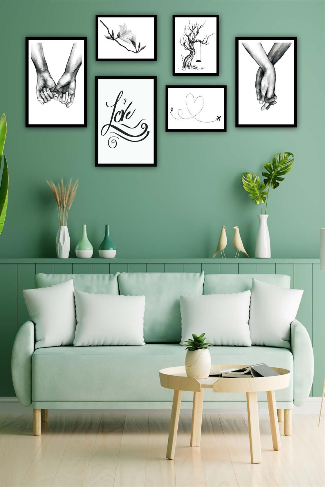 6 Parça Siyah Beyaz Sanatsal Çerçeve Görünümlü Tablo Seti